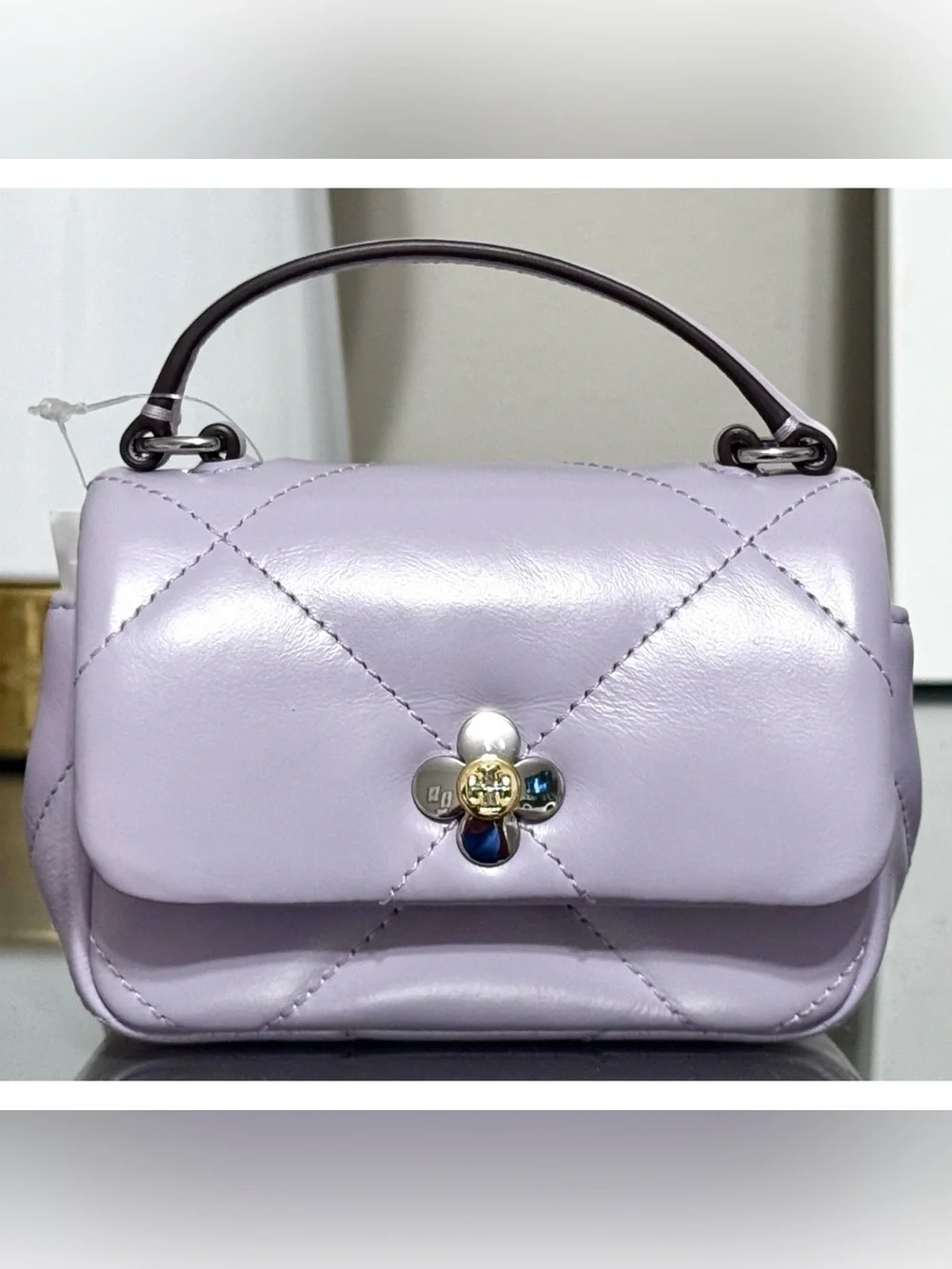 TORY BURCH MINI KIRA DIAMOND QUILT CLOVER CHAIN WALLET, PURPLE HEATHER